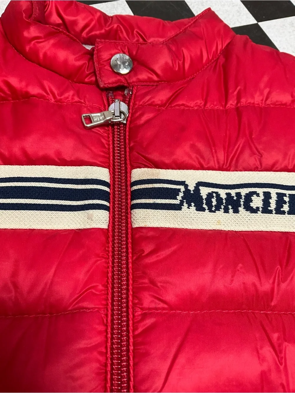 Moncler Red Quilted Puffer Jacket with Navy & White Stripes